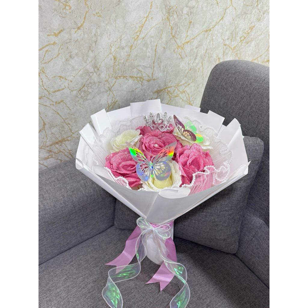 ส่ง1-2ก.พ.📍กุหลาบกลิตเตอร์🌹ช่อ7ดอก ฟรี!!!ของตกแต่ง