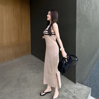 เดรสแขนกุด ทรงถ่วงยาว ผ้าไหมพรม แต่งแหวกข้าง ผ้ายืดตามตัว สาวอวบใส่ได้ เรียบหรูดูแพง รุ่น น้ำพุ