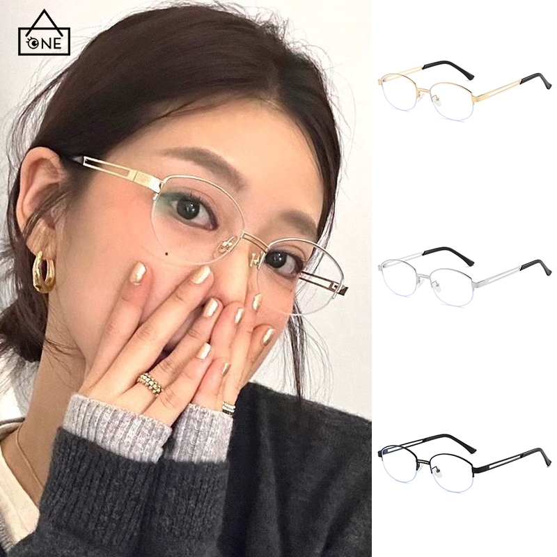 COD❤️แว่นกรองแสงสีฟ้ากรอบวงรีโลหะวินเทจสไตล์เกาหลีแฟชั่นระดับไฮเอนด์แว่นตาผู้ชายและผู้หญิง-a.one