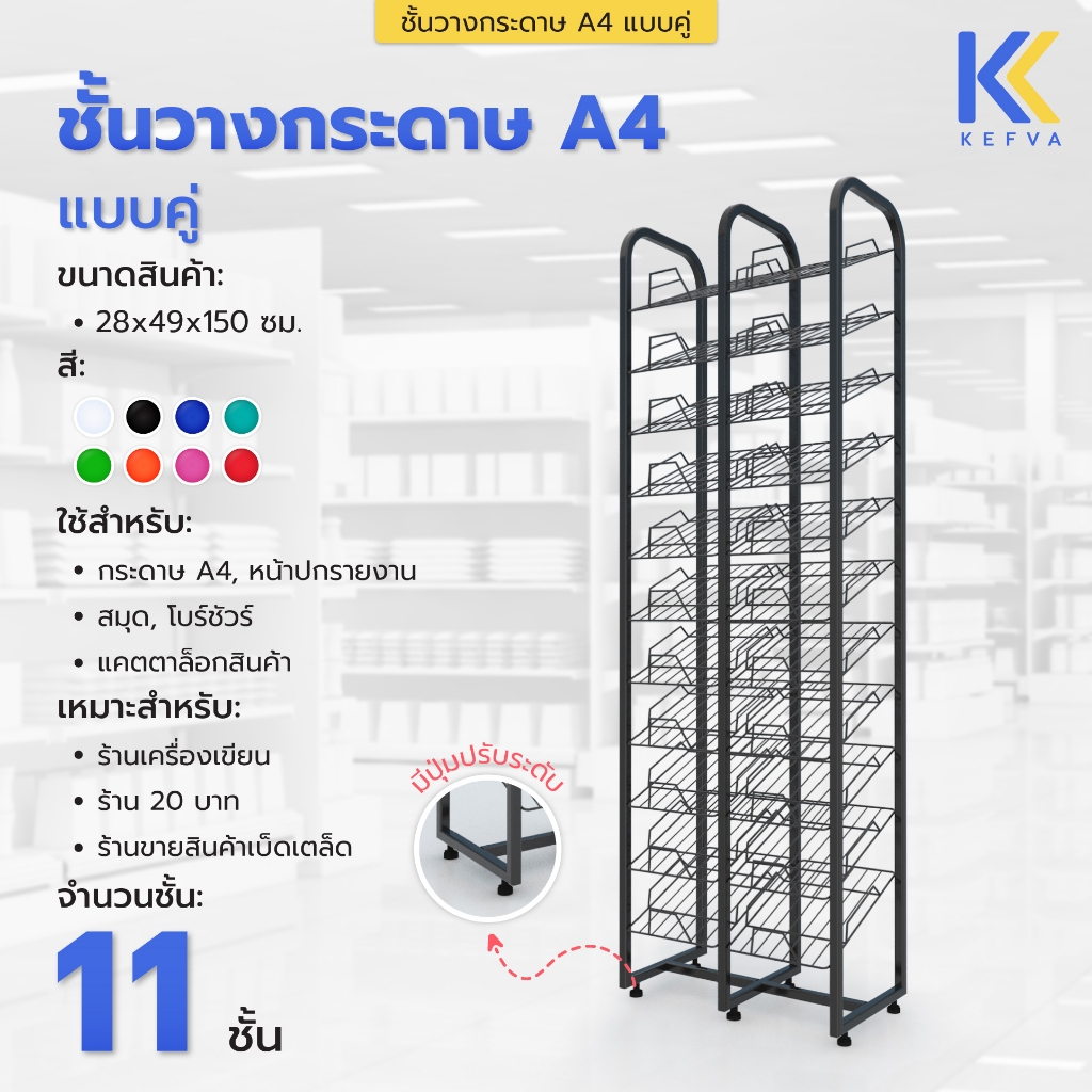 ชั้นวางกระดาษ A4 แบบคู่ 11 ชั้น ขนาด 28x49x150 cm ชั้นโชว์หน้าปกรายงาน ชั้นวางสมุด ชั้นวางโบร์ชัวร์ ชั้นโชว์สินค้า