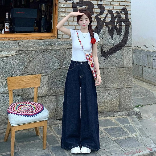 กางเกงยีนส์ กางเกงยีนส์ขากว้าง ทรงหลวม ทรงสวย งานดี เเมชท์ง่าย กระเป๋าข้าง #1501136