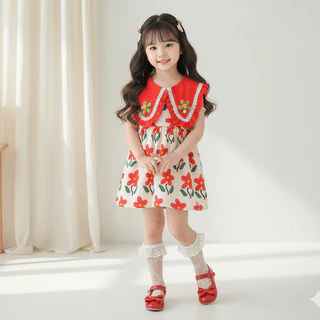 Babyonline(Y463)D5 (ส่งด่วน1วัน)ชุดเดรสกระโปรงแขนกุดลายดอกไม้สำหรับเด็กผู้หญิง ผ้าฝ้าย มีซิปหลัง