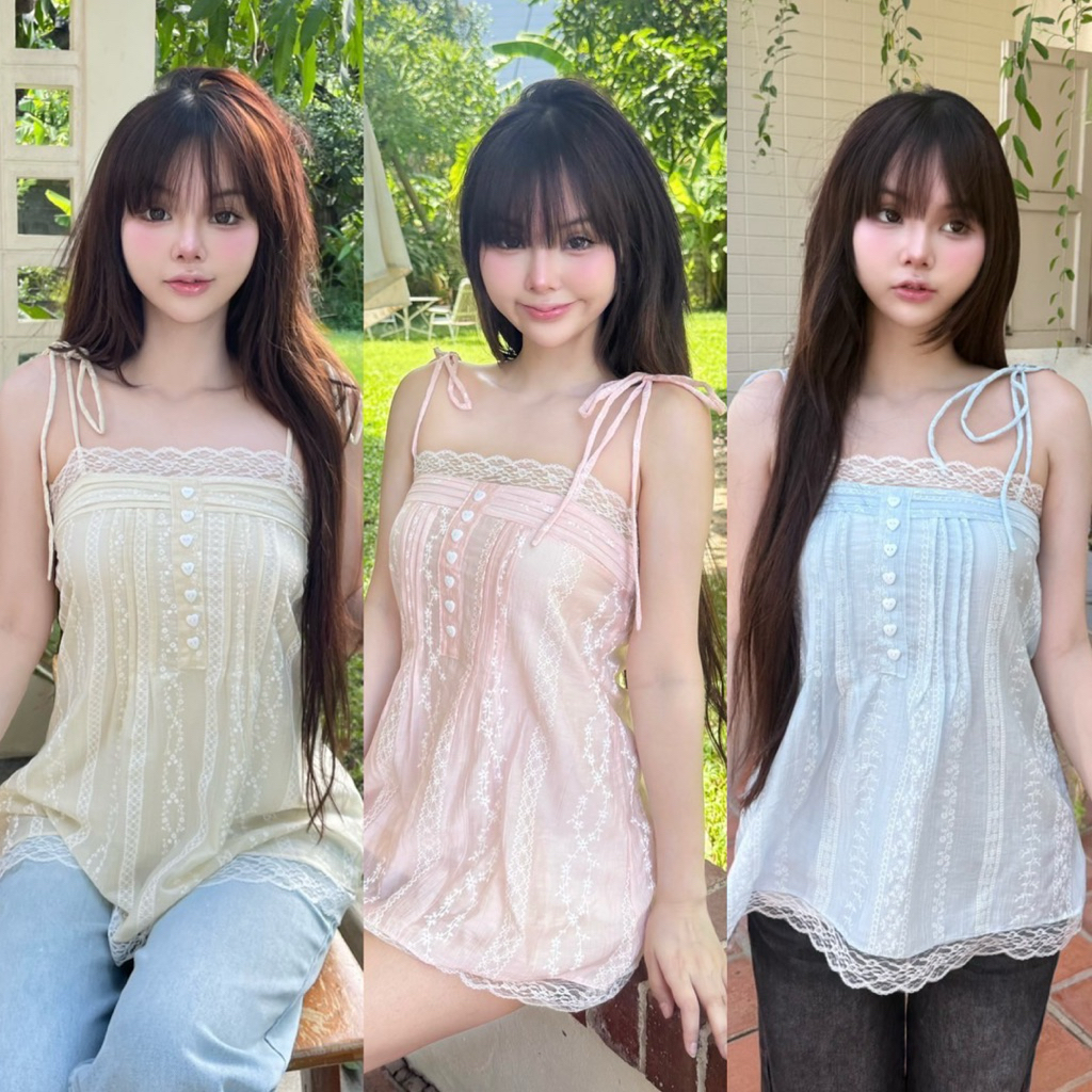 Petite♡︎ Rookie top เสื้อสายเดี่ยวทรงมินิเดรส แต่งระบายลูกไม้ กระดุมหัวใจมินิสุดคิ้วท์