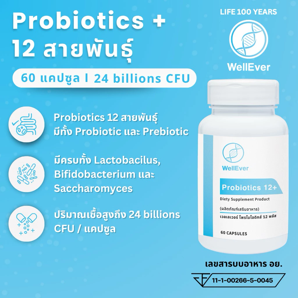 Probiotics 12+ (60 แคปซูล) WellEver โพรไบโอติก 12 สายพันธุ์ 24 พันล้าน CFU เสริมภูมิคุ้มกัน ดูแลสุขภาพลำไส้