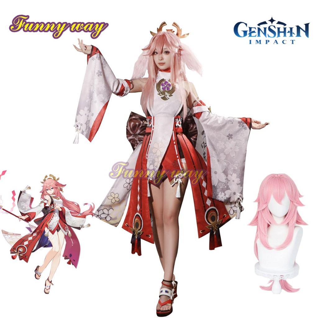 Yae Miko เครื่องแต่งกายคอสเพลย์ Genshin Impact ชุด ด้วยวิกผม คอสเพลย์ฮาโลวีนสำหรับผู้ใหญ่