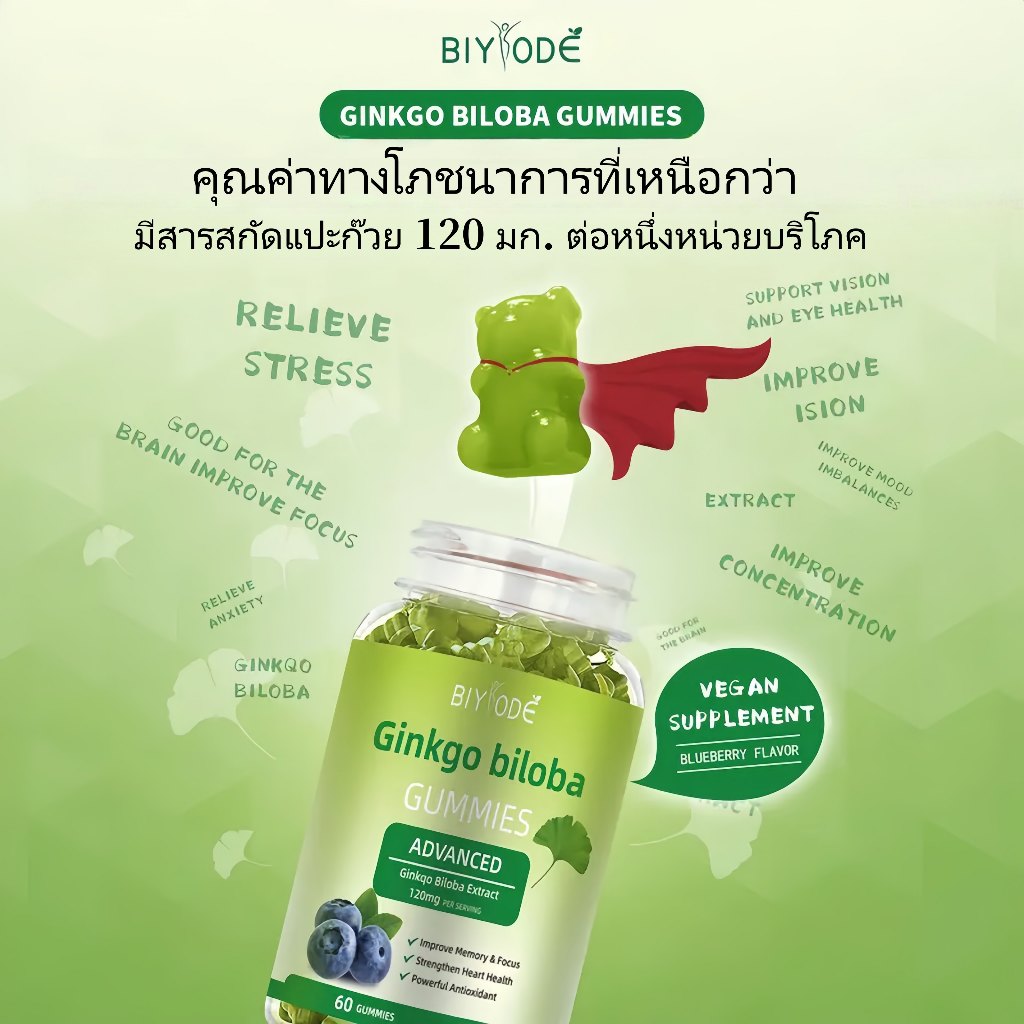 BIYODE Ginkgo Biloba Vitamin Gummies ใบแปะก๊วยกัมมี่-เสริมความจำ เพิ่มสมาธิ ลดอาการอ่อนเพลีย บํารุงส