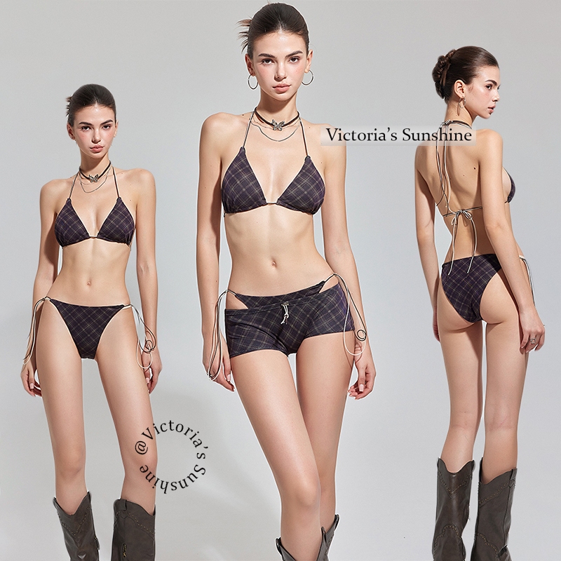 ส่งไวจากไทย บิกินี่ 3 ชิ้น ลายสก็อต sexy bikini ผูกคอ เว้าหลัง summer beach#0998