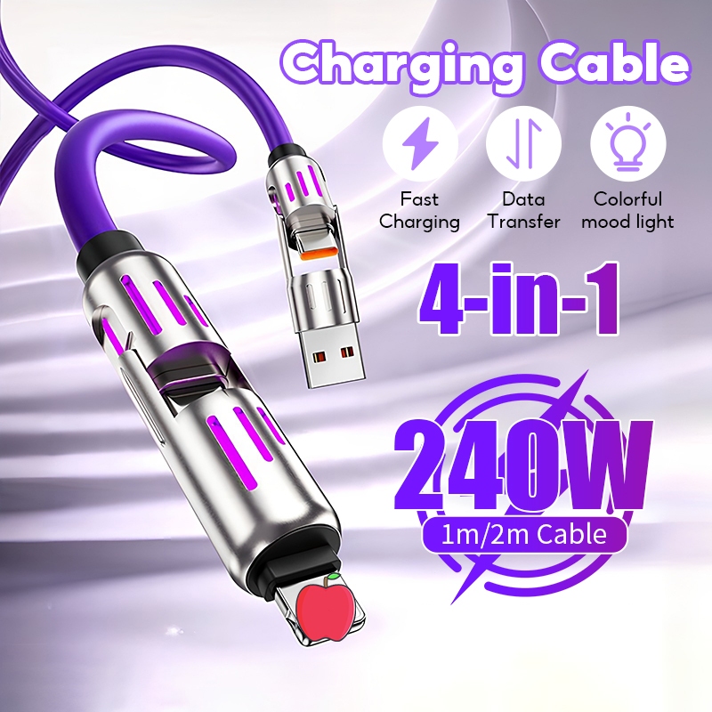 240W สายชาร์จเร็ว 4 in 1 Type-C จอแสดงผลภาพ USB ชาร์จเร็วสุด สายชาร์จไฟRGB ยาว1M/2M