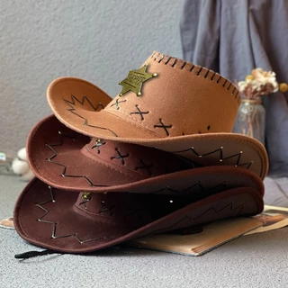 หมวกคาวบอยหนังเทียม ⭐️เข็มกลัดนายอำเภอSheriff⭐️ American Style มีเชือกคล้องคอ 05X12_Sheriff