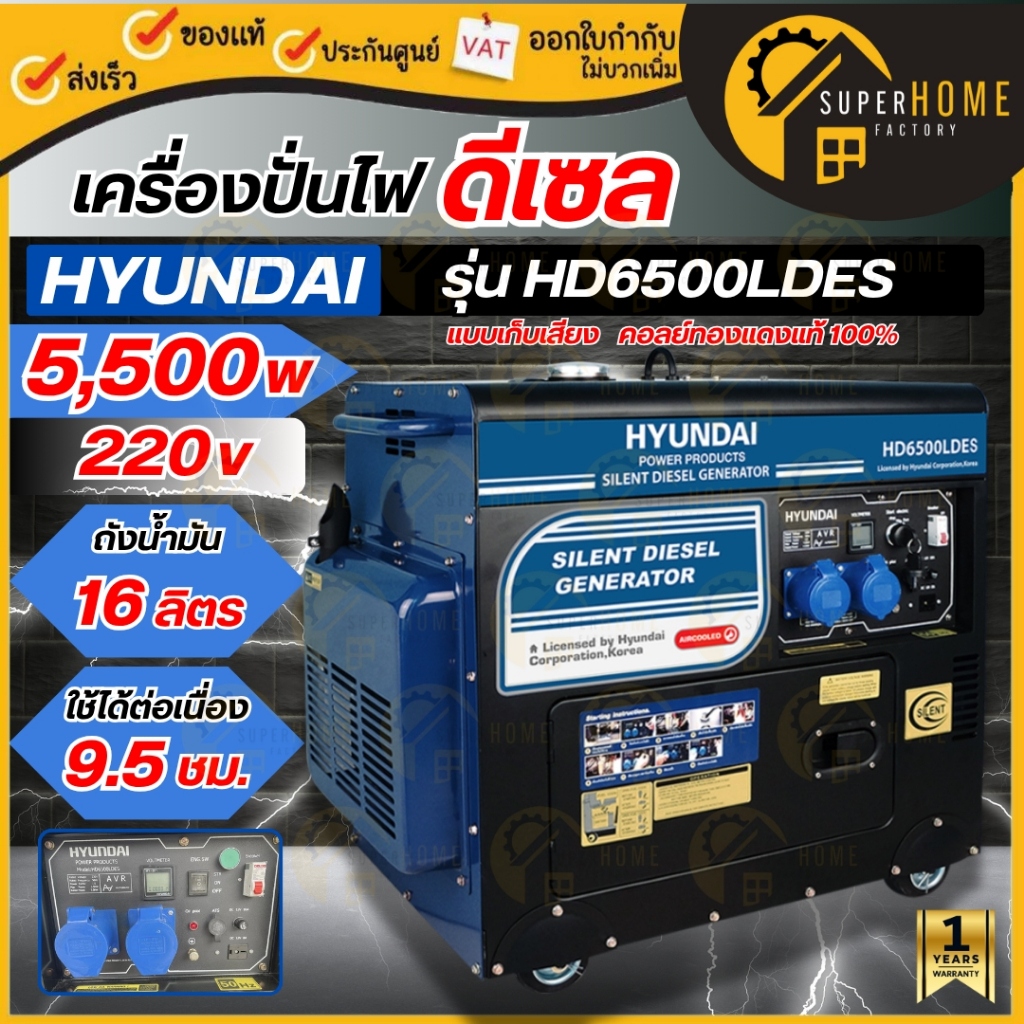 💥แท้ ส่งด่วน💥HYUNDAI เครื่องปั่นไฟดีเซล HD-GE-GN-HD6500LDES (เสียงเงียบ) 5.5 kW. กุญแจสตาร์ท