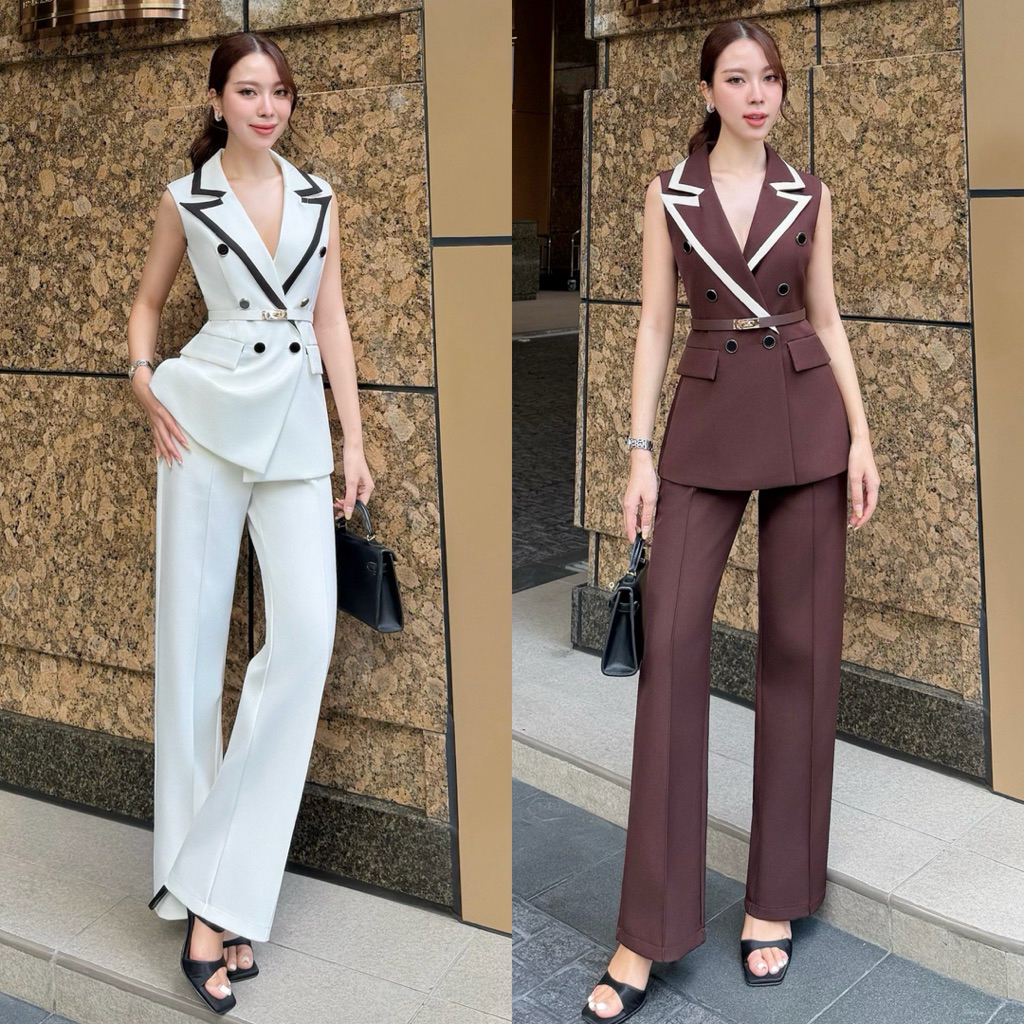 เซ็ทเสื้อแขนกุด+กางเกงขายาว แถมฟรีเข็มขัด code 24400