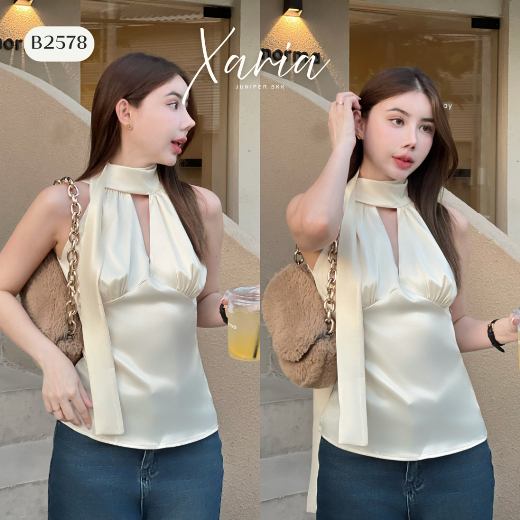 JUNIPER.BKK | XARIA เสื้อคล้องคอ คอวี ซิปซ่อนด้านข้าง เนื้อผ้าซาติน | B2579