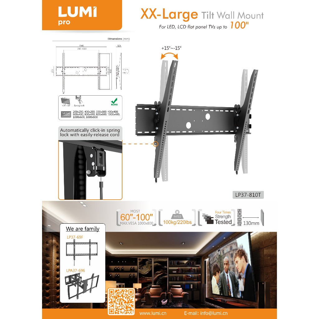 ขาทีวี100-110นิ้วแขวนผนัง LED LCD รุ่น LP37-810T สำหรับทีวี 60-110 นิ้วรองรับ 115นิ้วใส่ได้