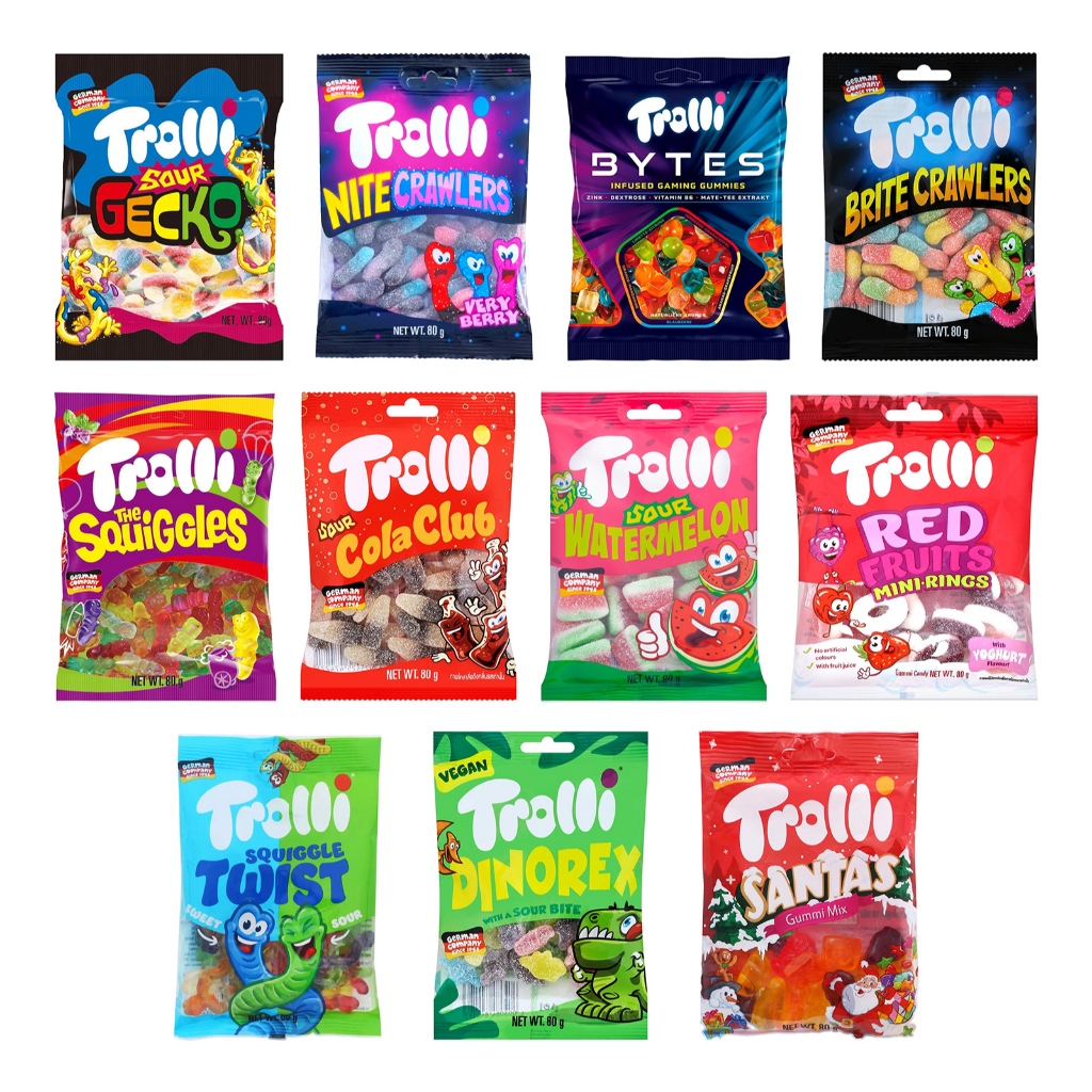 Trolli Sour Gecko/Nite Crawlers/Bytes/Brite Crawlers/Squiggles/Cola/Watermelon/Red Fruits/Dinorex/Sa