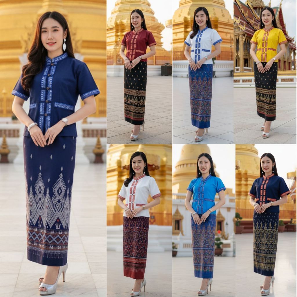 👚เสื้อแขนสั้นผ้าฝ้าย+ 👗ผ้าถุงแบบผูกเชือกเย็บสำเร็จไม่ต้องตัดเย็บเพิ่ม