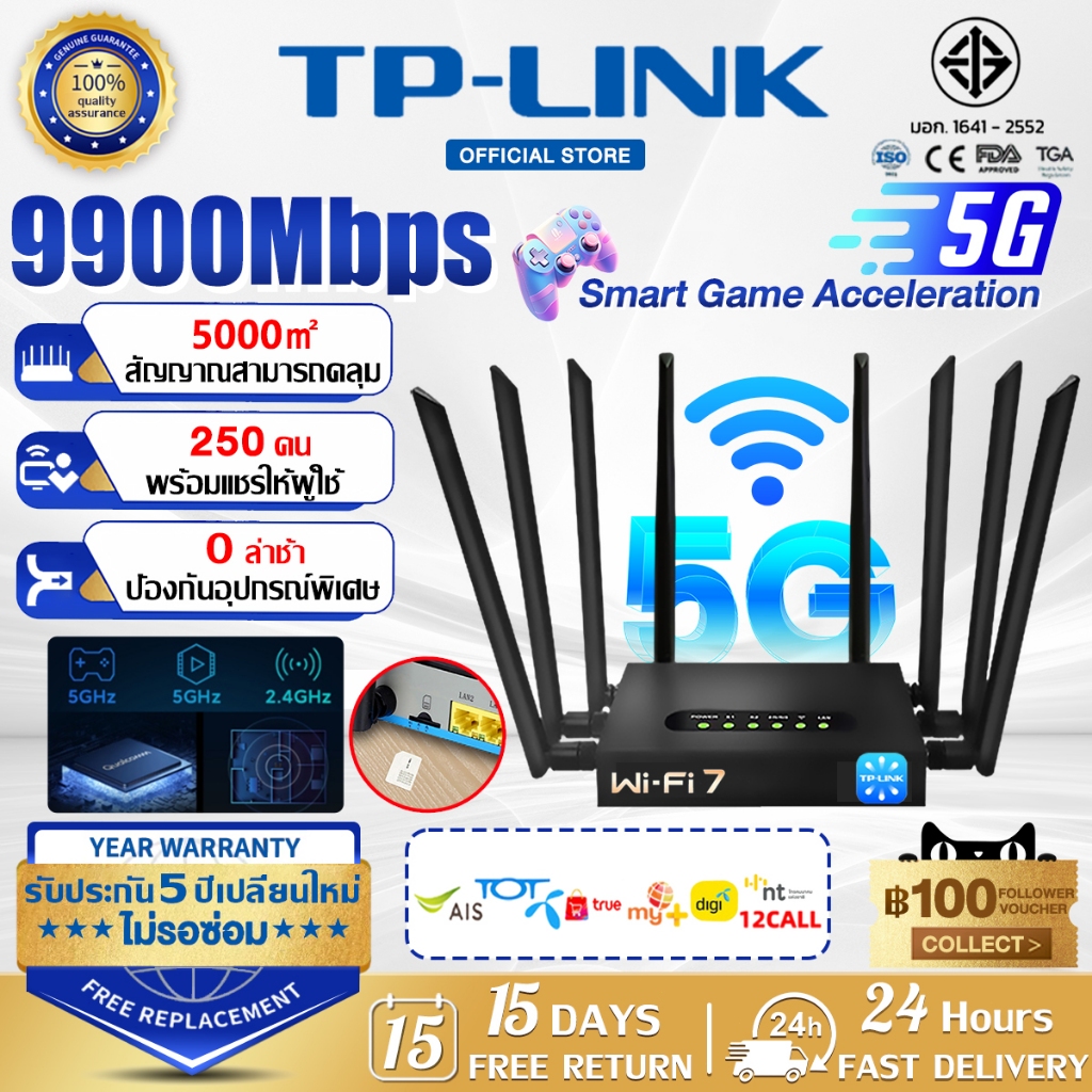 🔥รับประกัน 5 ปี🔥เร้าเตอร์ใส่ซิม 9900Mbps ใช้ได้กับซิมทุกเครือข่าย WiFi-7 5.8G/2.4G Dual-band รับประก