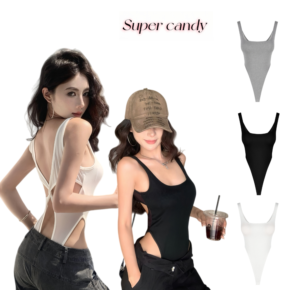 SuperCandy🌷พร้อมแผ่นรองหน้าอก Kink Halter Camisole ผู้หญิงฤดูร้อน Slim-fit Design รู้สึกสาวร้อนด้านนอกสีเทา Jumpsuit