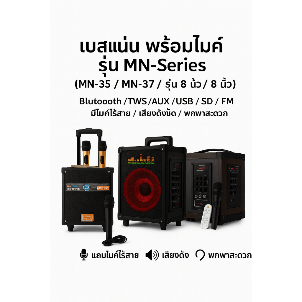 ลำโพงคาราโอเกะพกพา เบสแน่น พร้อมไมค์ รุ่น MN-Series (MN-35 / MN-37 / รุ่น 8 นิ้ว)  Bluetooth / TWS /