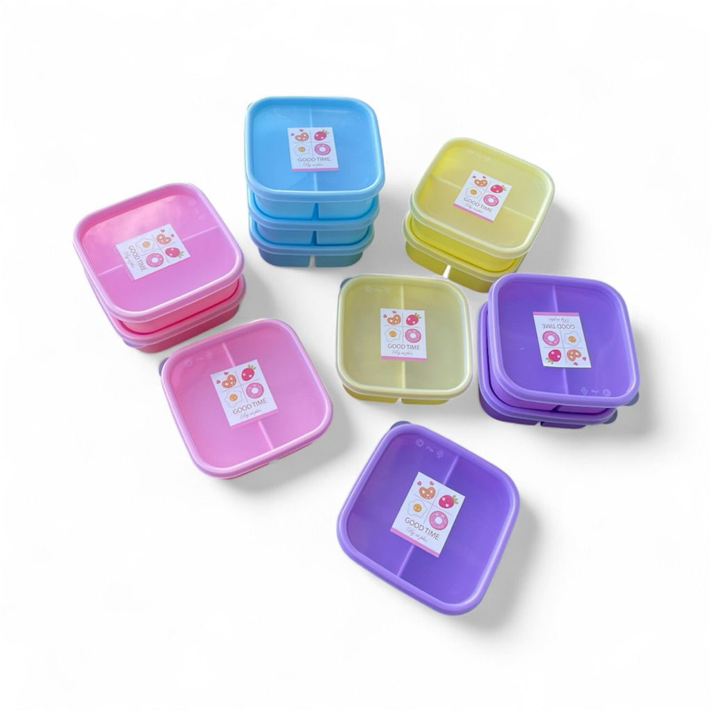 (12ชิ้น) กล่องอาหาร 2ช่อง ขนาด15*15*h5ซม. จุได้500ml 4สี เข้าไมโครเวฟได้