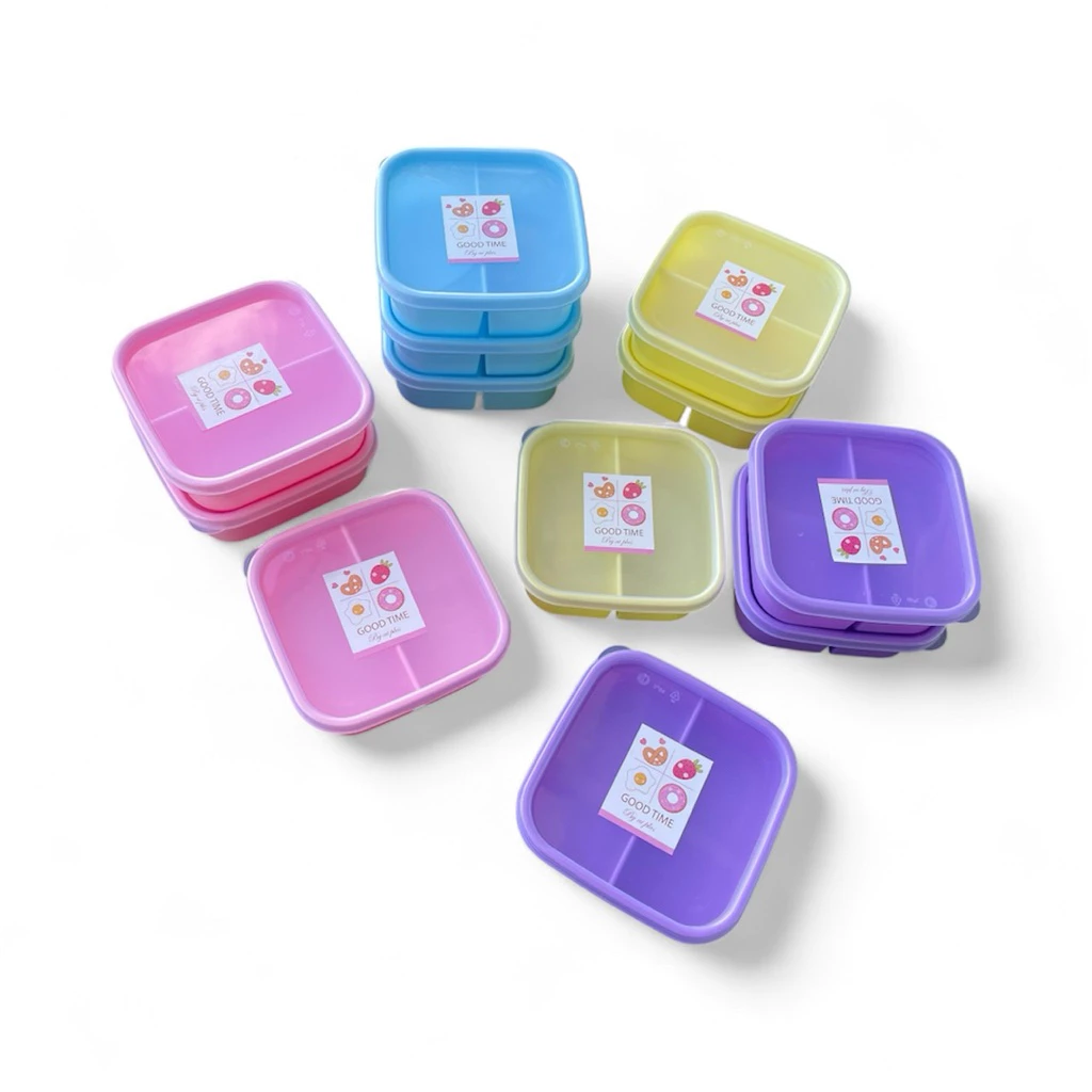 (12ชิ้น) กล่องอาหาร 2ช่อง ขนาด15*15*h5ซม. จุได้500ml 4สี เข้าไมโครเวฟได้