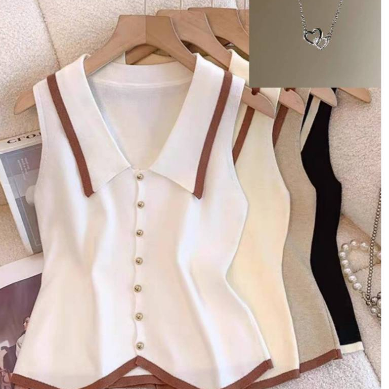 (เเถมฟรีสร้อยคอ) เสื้อเเขนกุดคอปกเเต่งเเถบ มี 4 สี ดำ ขาว ครีม ผ้านิ่มไหมพรมถักอย่างดี ด้านหน้าใส่ได้ทุกโอกาส