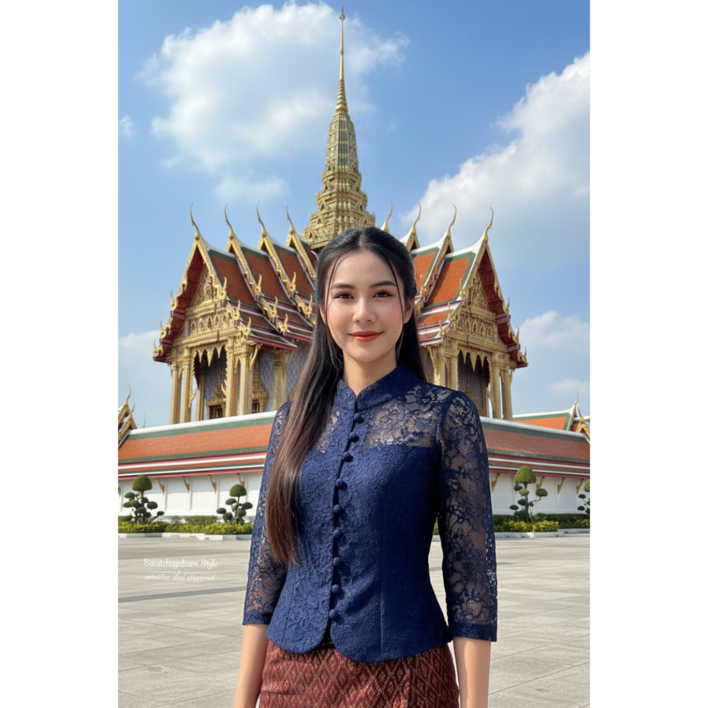 เสื้อลูกไม้ จิตรลดา คอจีน กระดุมผ้า แขนยาว แมชใส่กับผ้าถุงไปงานบุญ งานบวช สวยมากค่ะ