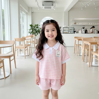 Babyonline(Y488)B3 (ส่งด่วน1วัน)ชุดเซ็ตแฟชั่นเด็กเสื้อแขนสั้นคอปกกางเกงขาสั้นลายสก็อต น่ารัก