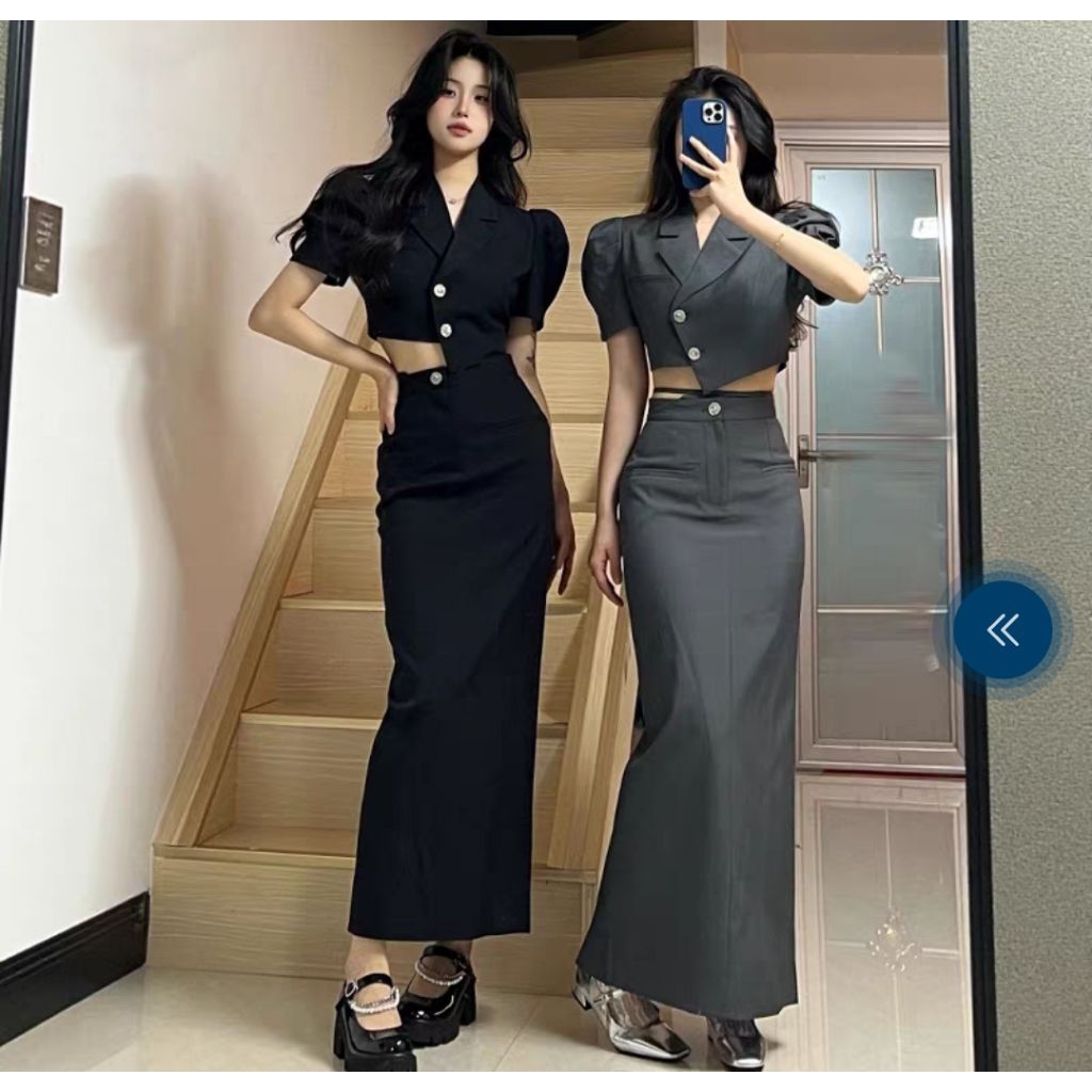 ชุดเซ็ท 2 ชิ้น ดีไซน์โชว์เอว เสื้อแขนพอง สายผูก โชว์เอวกระโปรงเอวสูง ช่วยพรางหุ่นให้ดูเพรียว