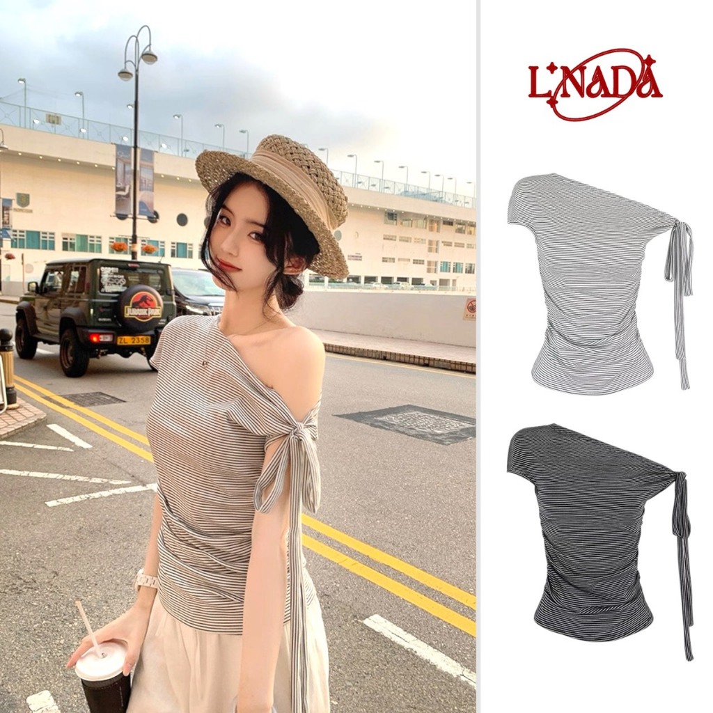 L'NADA【พร้อมส่ง】เสื้อไหล่เดียวลายขวาง ดีไซน์เรียบหรู Minimal (WYP-B8)