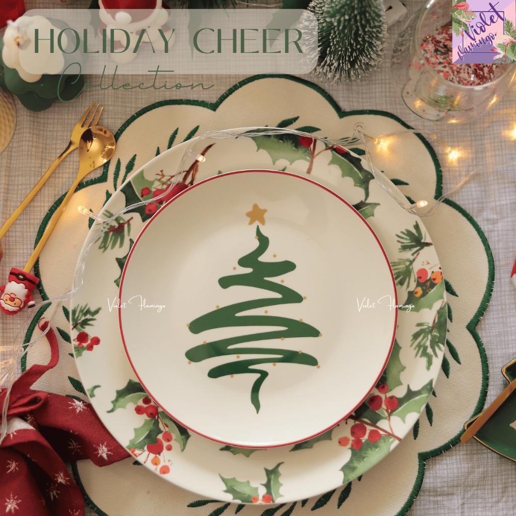 Violet Flamingo จานกลมรุ่น Holiday Cheer Collection จานเซรามิคเข้าไมโครเวฟได้ จานคริสมาสต์ Christmas Plate