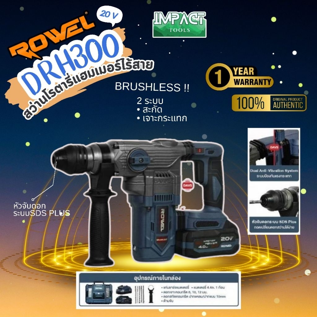 ROWEL สว่านโรตารี่ไร้สาย รุ่น DRH300 SDS-Plus 3.5J (Brushless Motor 20V) ประกัน 1 ปี