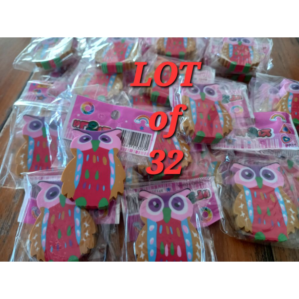 LOT BUNDLE x 32 - ERASER NOVELTY OWLS school Stationery Party 5cm x 3.5cm x 1cm BRAND NEW PRODUCT