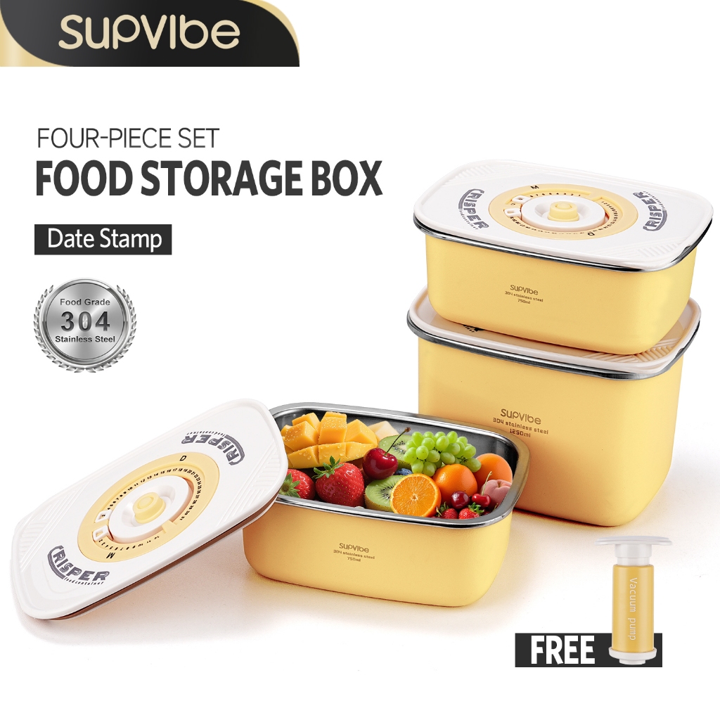 SUPVIBE กล่องเก็บอาหารสแตนเลส แถมปั๊มสุญญากาศ วันที่ 750ML 1250ML พร้อมฝาปิดสนิท ปลอดภัย สําหรับเสิร์ฟอาหาร ผลไม้
