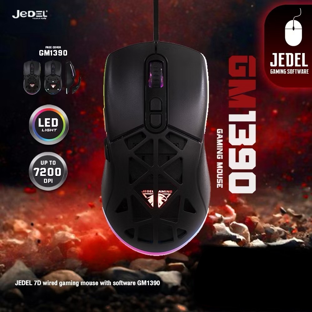 JEDEL GM1390 7D Wired Hole Gaming Mouse RGB DPI 6 ระดับ 1000-7200 ปุ่มทนรองรับ5 ล้านคลิก มีซอฟแวร์