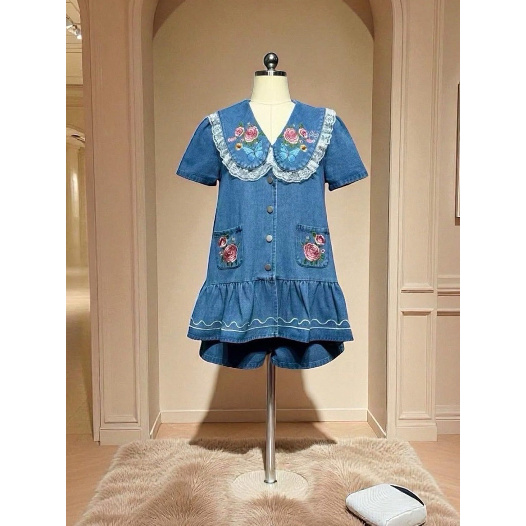 (s) ชุดเซตกางเกงขาสั้น เสื้อตัวยาว+กางเกงขาสั้น งานปัก กุหลาบ งานป้าย chalita