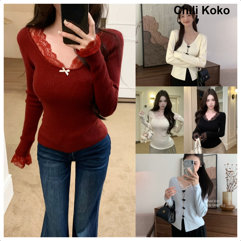 KOKO#เสื้อสีแดงคริสต์มาส เสื้อแขนยาวไหมพรมผู้หญิงมีโบว์ ทรงเข้ารูป ลูกไม้คอวี#N082