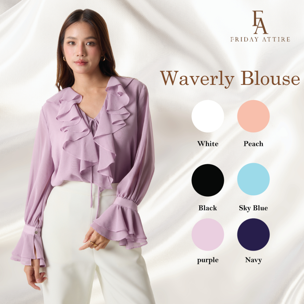 Friday attire เสื้อคอวีแขนยาวแต่งระบายแขน (FT-075)