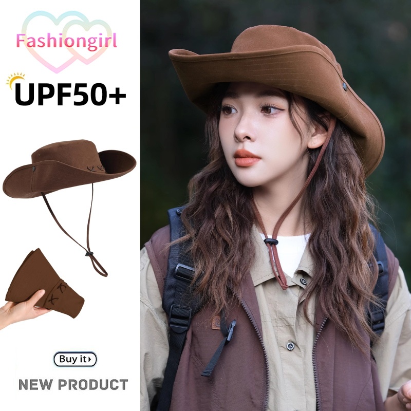 Fashion girl🌈🌈สไตล์ย้อนยุคแบบอเมริกัน หมวกคาวบอย หมวกกันแดด ปีกกว้าง ตั้งแคมป์ กลางแจ้ง การป้องกันแสงแดด