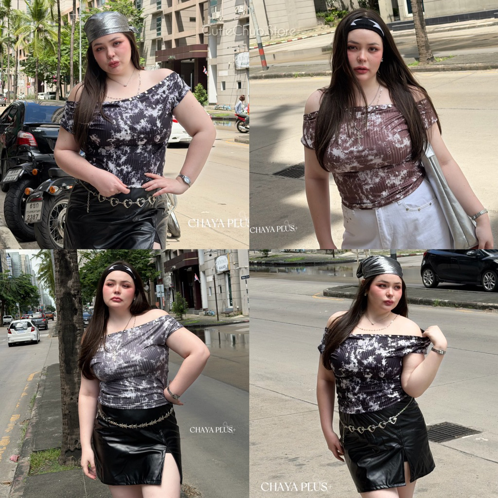 เสื้องานปาดไหล่แขนสั้น แต่งตอกหมุดสุดเก๋ ผ้าร่องยืดลายหินอ่อน สาวอวบ อก40-52นิ้ว