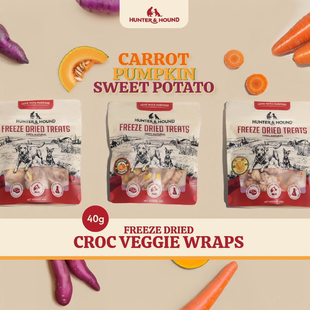 Hunter&Hound Freeze Dried Croc Veggie Wraps ขนมสุนัขสุขภาพเนื้อจระเข้พันผักฟรีซดราย ไม่เค็ม 40g