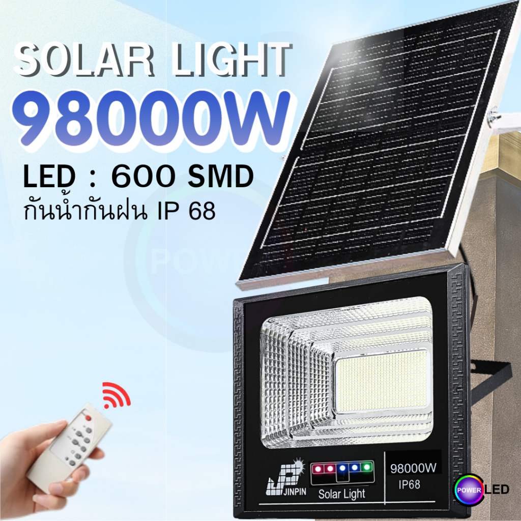New-98000W แสงไฟสีขาว โคมไฟพลังงานแสงอาทิตย์ มีไฟสถานะ LED SMD 600 ดวง 90000mAh