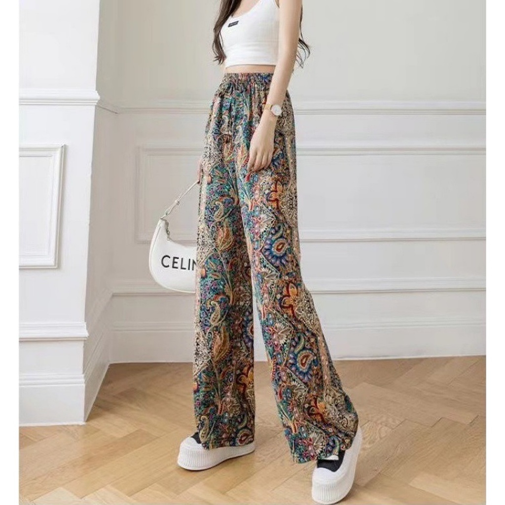 กางเกงผู้หญิง กางเกงลำลอง เอวสูง ขากว้าง ลายดอกฟีนิกซ์ กางเกงราคาถูก แฟชั่น กางเกงลำลองไซส์ใหญ่สำหรับผู้หญิง