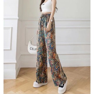 กางเกงผู้หญิง กางเกงลำลอง เอวสูง ขากว้าง ลายดอกฟีนิกซ์ กางเก…