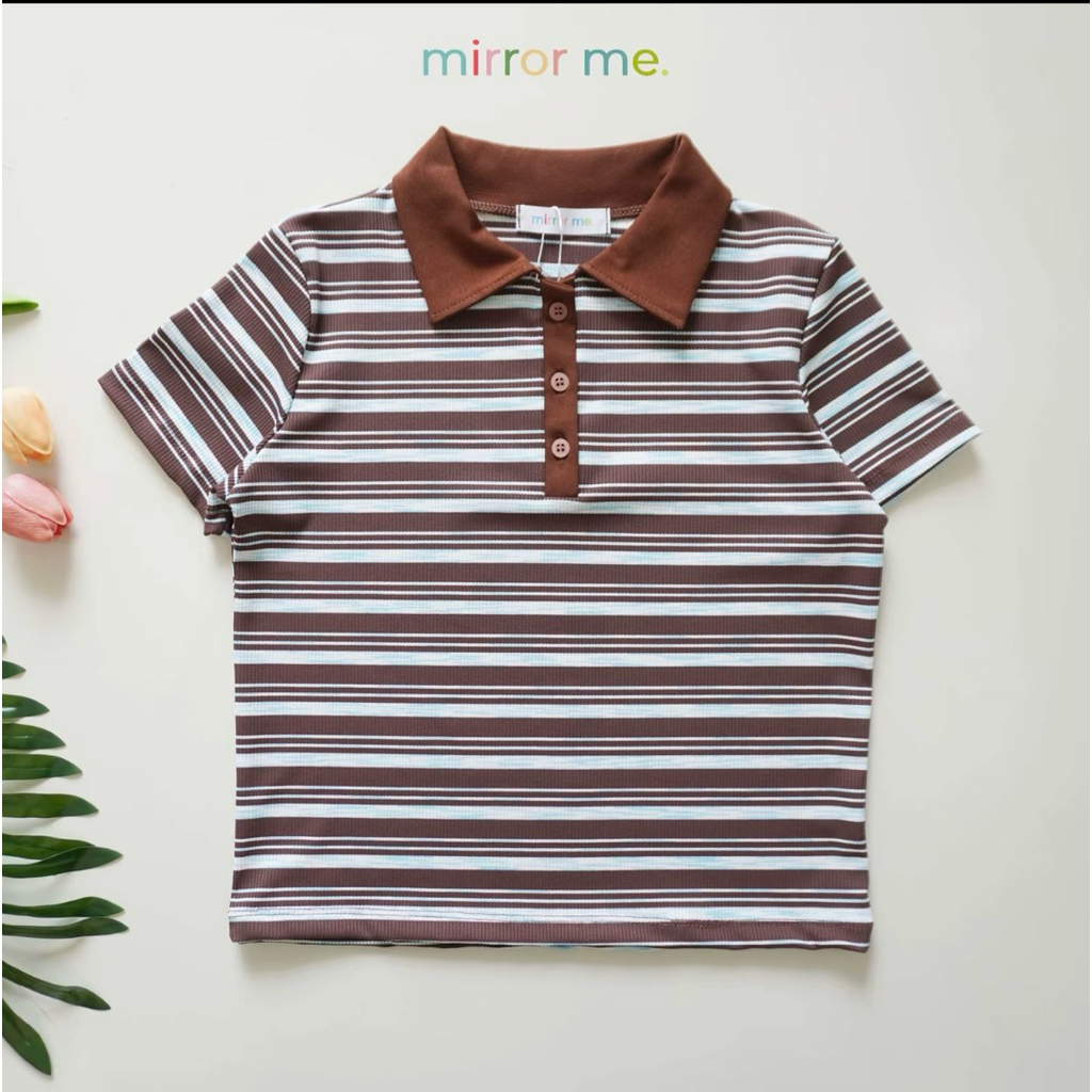 เสื้อโปโลลายริ้ว ป้ายmirrormeกระดุมหน้าผ้านิ่มสีน้ำตาล🤎