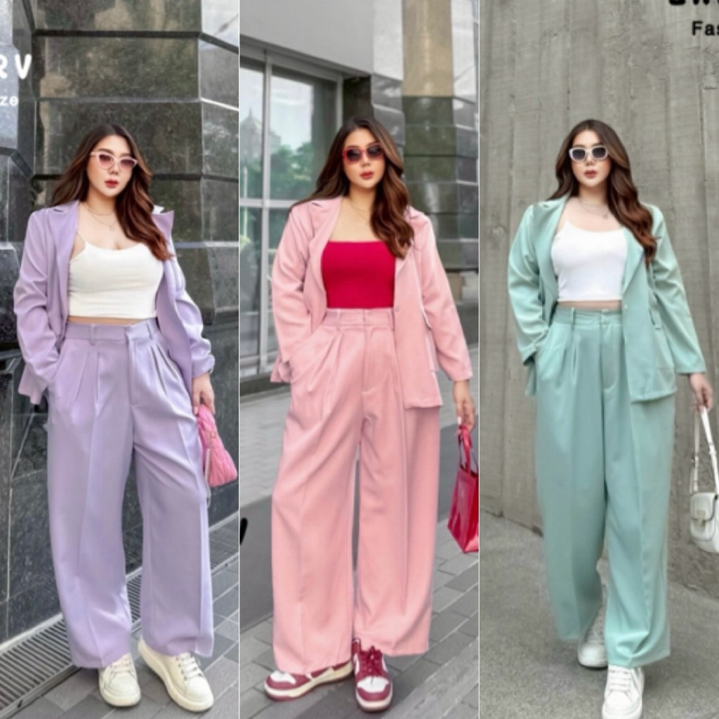 LC ชุดSet สูท 2 ชิ้น โทนสีพาสเทลน่ารัก เสื้อสูทปกกระเป๋าใช้งานได้จริง ผ้าเปเป้ ไซส์ใหญ่