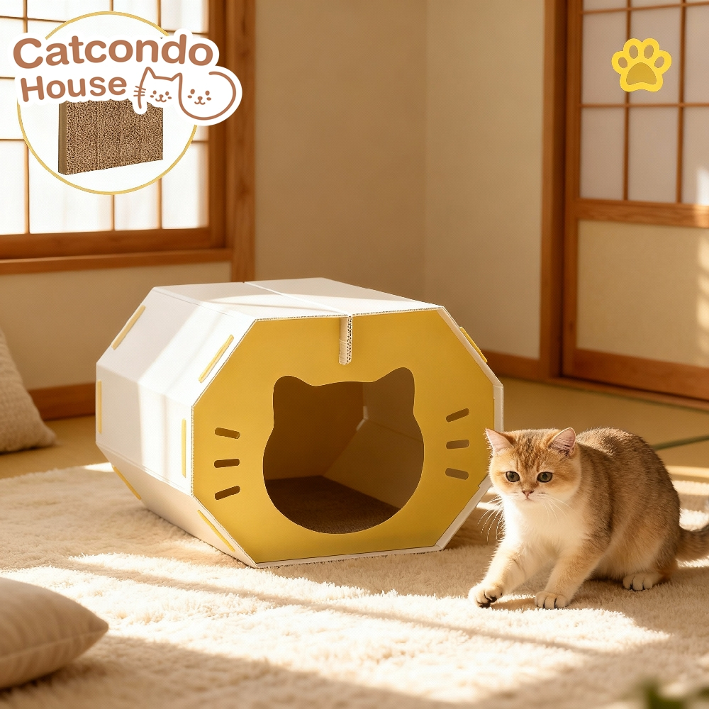Cathouse บ้าน6เหลี่ยมกันน้ำ ที่นอนแมว ที่นอนสุนัข กันน้ำ มีแผ่นลับเล็บ บ้านแมวพลาสติกทรงแปดเหลี่ยม รุ่นประตูแมว