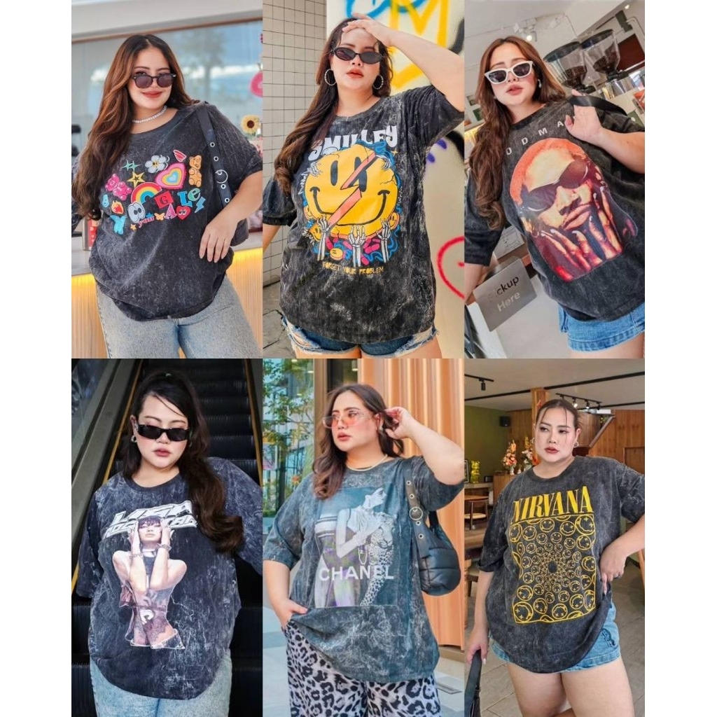 เสื้อยืดคอกลมไซส์ใหญ่ผ้าฟอกวินเทจสกรีนลาย อก 38-60 นิ้ว