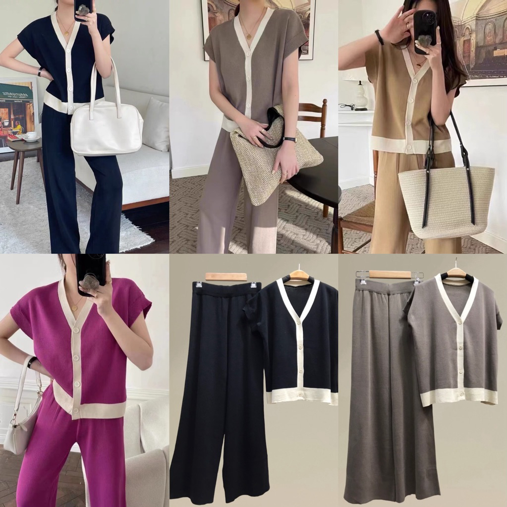 เซตไหมพรมเสื้อคอวีแขนล้ำกระดุมหน้ากางเกงขายาวเอวยืด