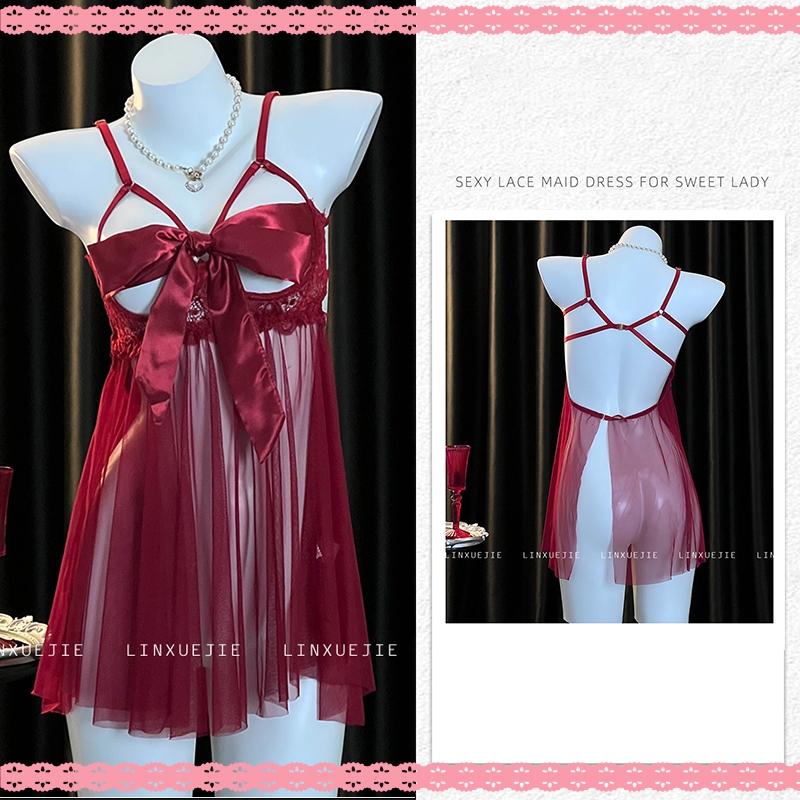 ชุดนอนซีทรู โบ ถอดออกได้ ลูกไม้ จีสตริง เปิดหลัง Sexy Lingerie ชุดชั้นในเร้าอารมณ์