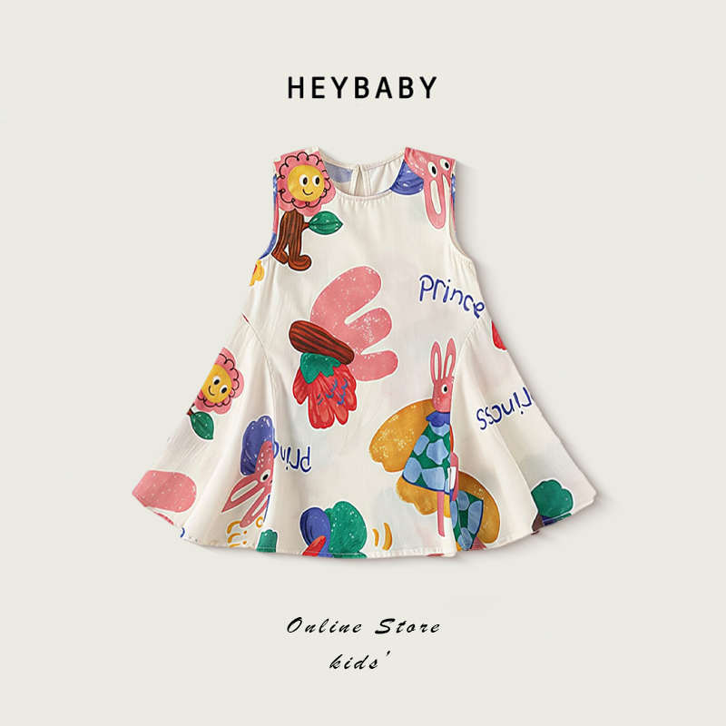 1-12 ปี ชุดเดรสเด็กผู้หญิง เดรสแขนกุด เสื้อพิมพ์ลายการ์ตูนน่ารัก สไตล์เกาหลี แขนกุด ทรงเอ ผ้าดีใส้สบายค่ะ